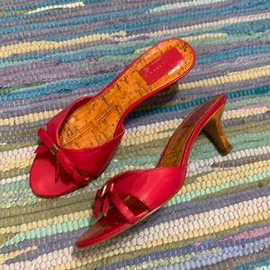 Cute pink and cork Small short heels bow patent slide sandal with heel